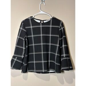 H&M Black White Grid Bell Sleeve Blouse Top Women's Size S